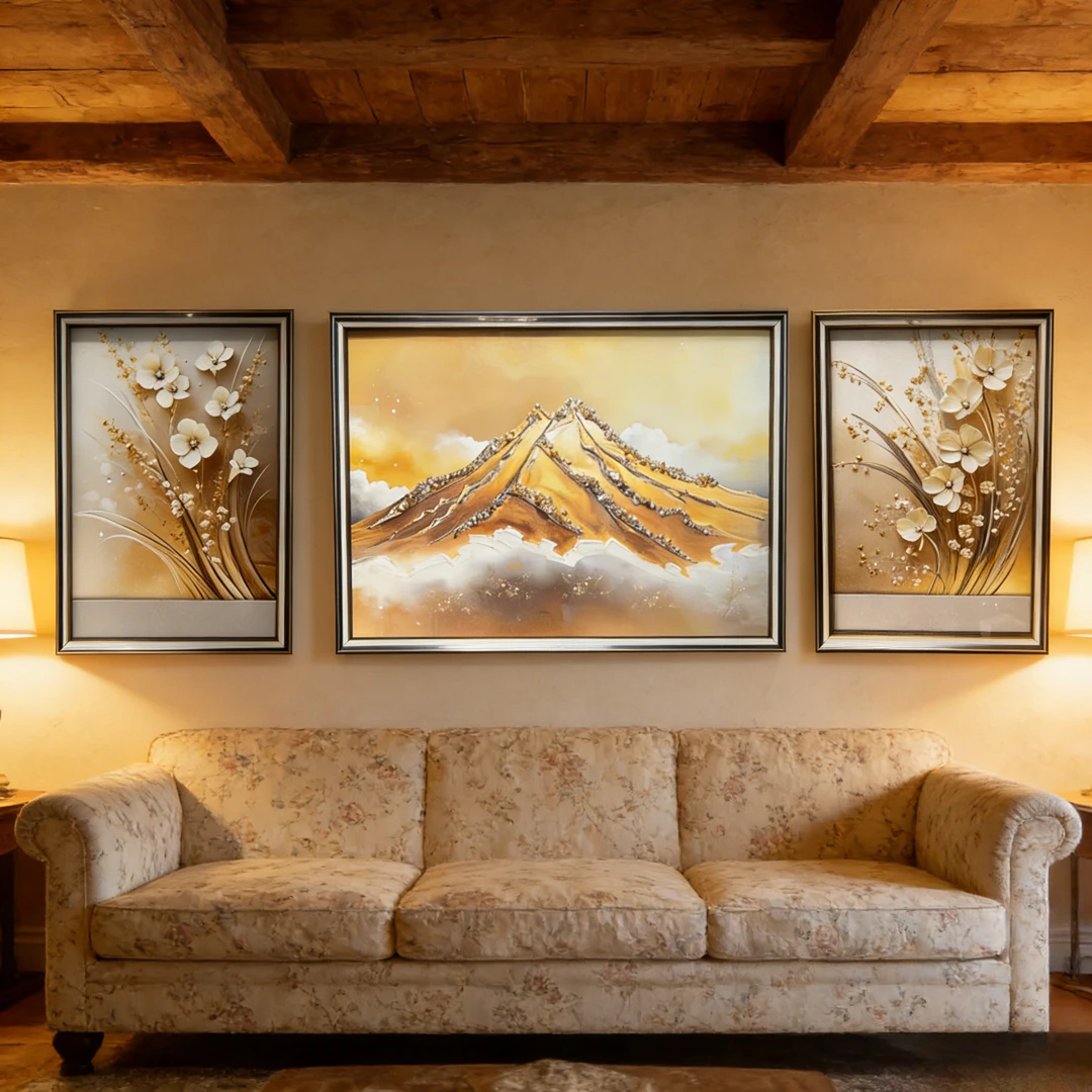 B15轻奢客厅沙发背景墙高端钢化玻璃珍珠云顶金峰实物三联装饰画