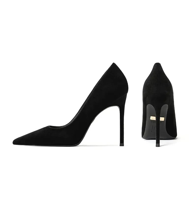【羊猄绒】黑色金标高跟鞋2025秋冬季款尖头细跟高跟鞋气质时尚女鞋