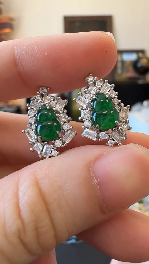 翡翠银S925镶嵌耳饰银镶