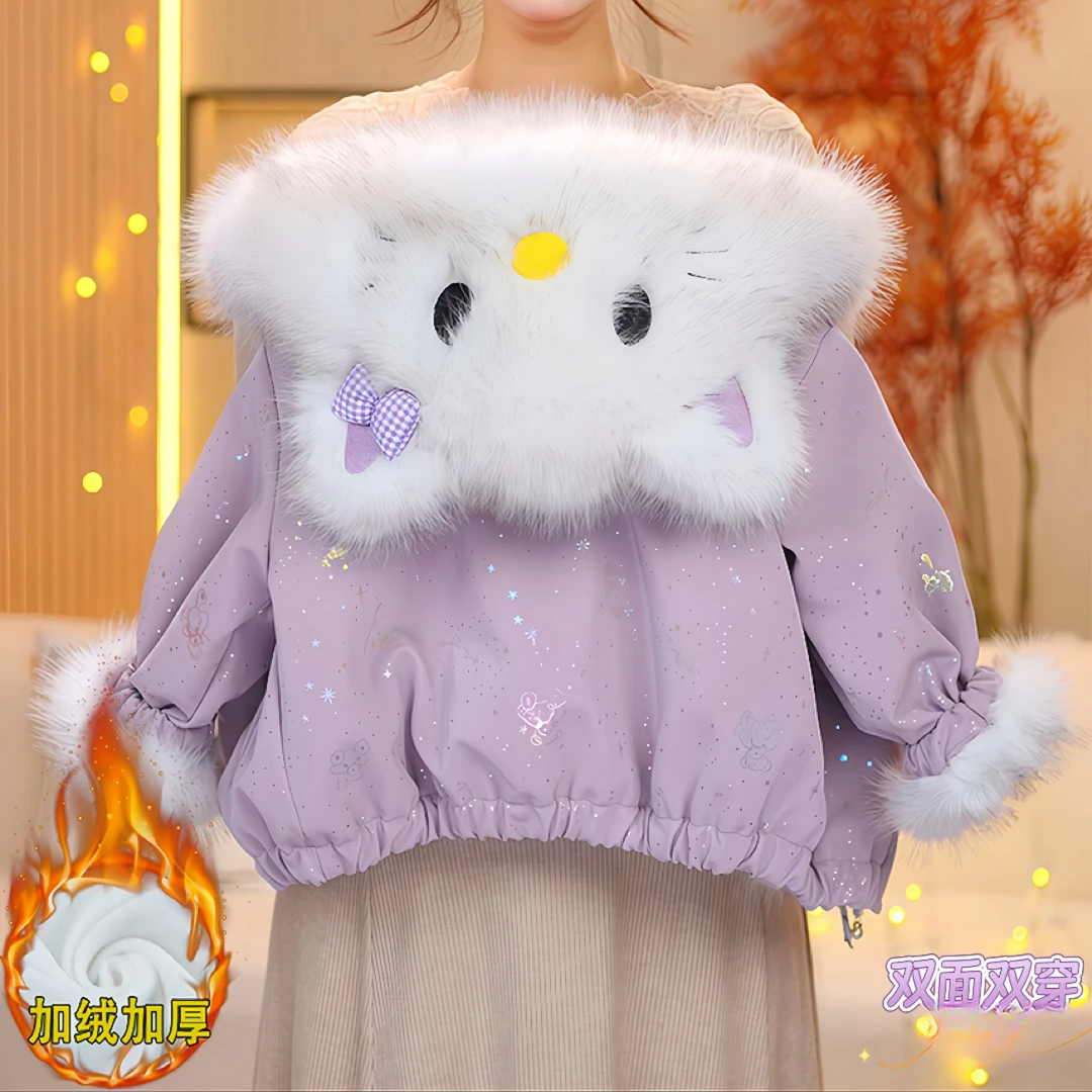 女童可爱加绒软皮派克服冬装2025新款布灵布灵一体绒双面穿毛毛衣