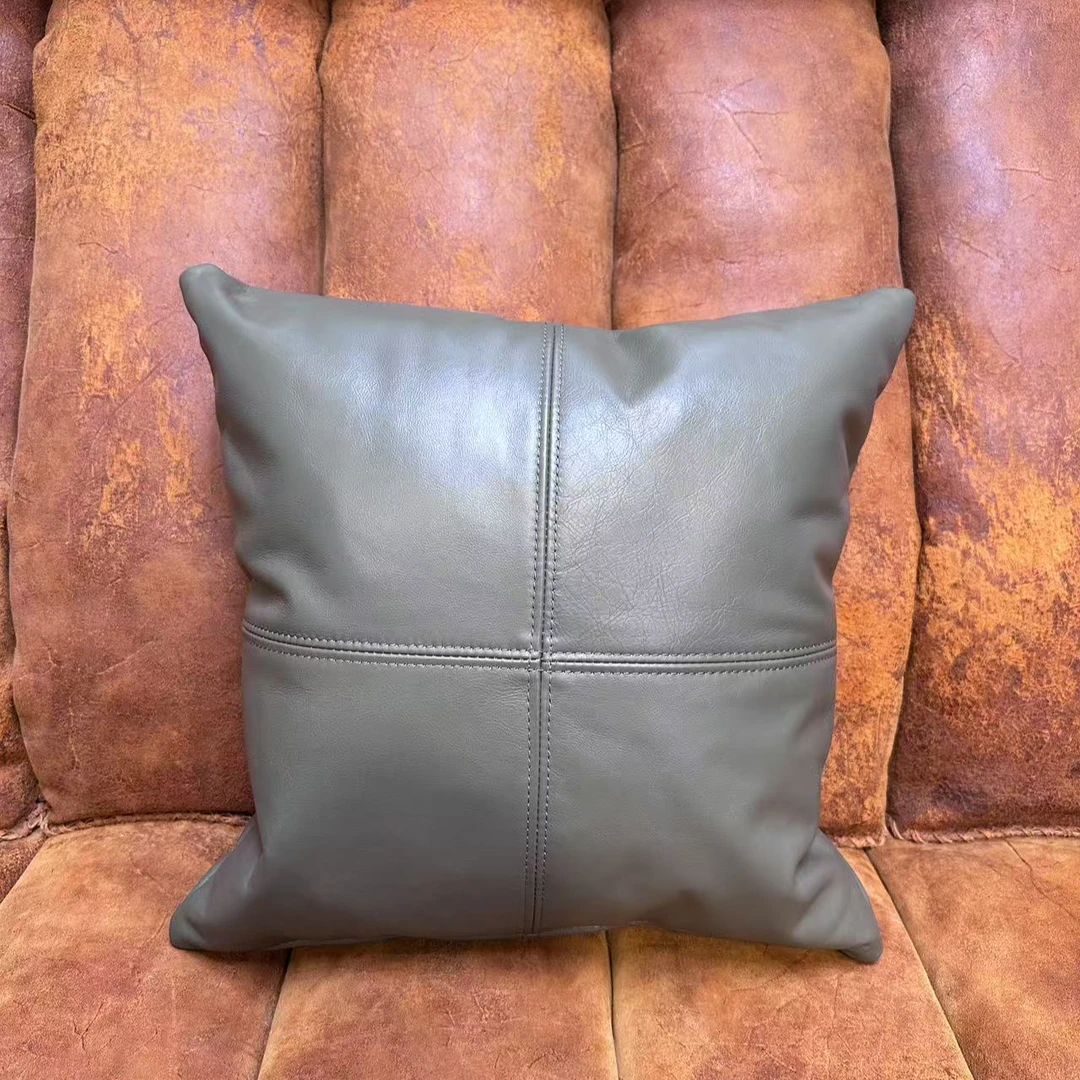 【务美艺术】真皮拼接手工抱枕绿色靠垫 08873