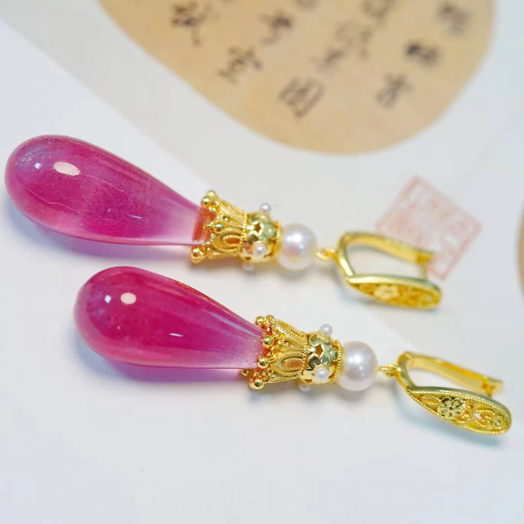 925银玻璃耳饰 甘澜文创 S925银镀金玫红琉璃水滴耳饰E3303
