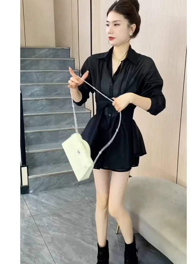 简约通勤韩版时尚套装显瘦纯色衬衣短款两件套百搭