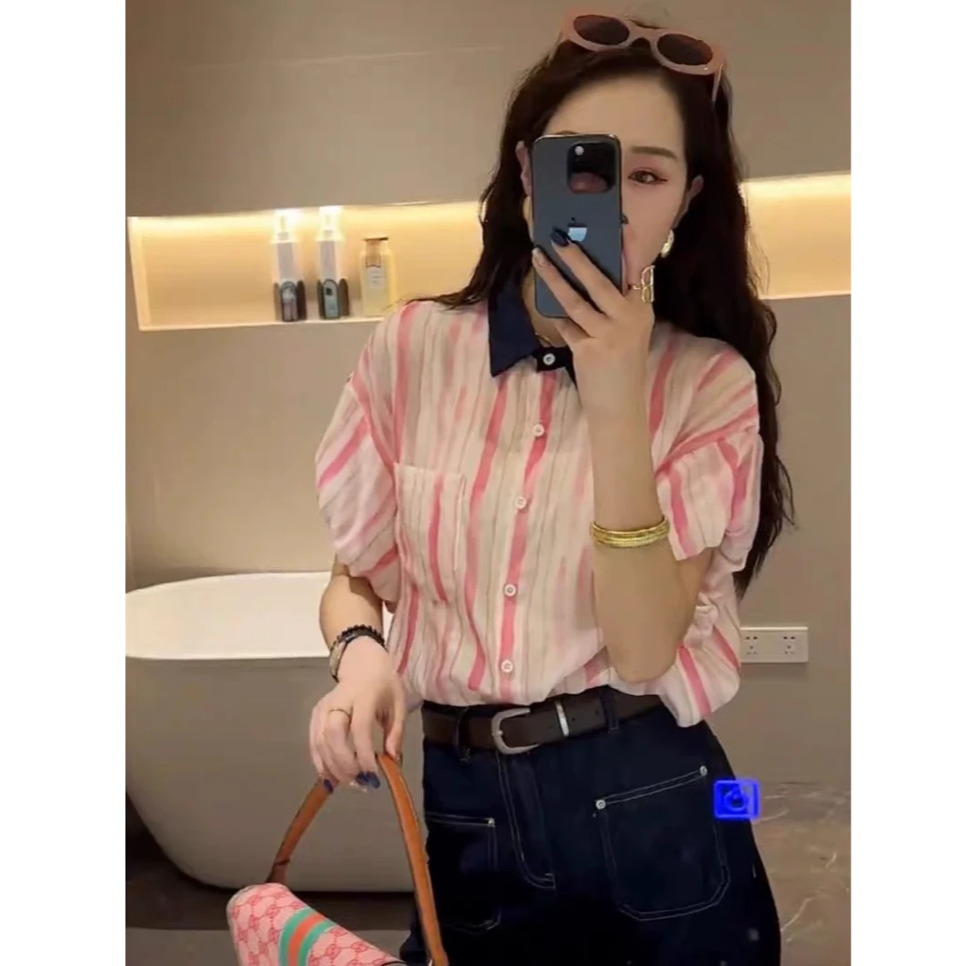 S005 条纹撞色短袖衬衫女夏休闲别致时尚宽松百搭气质polo领小衫