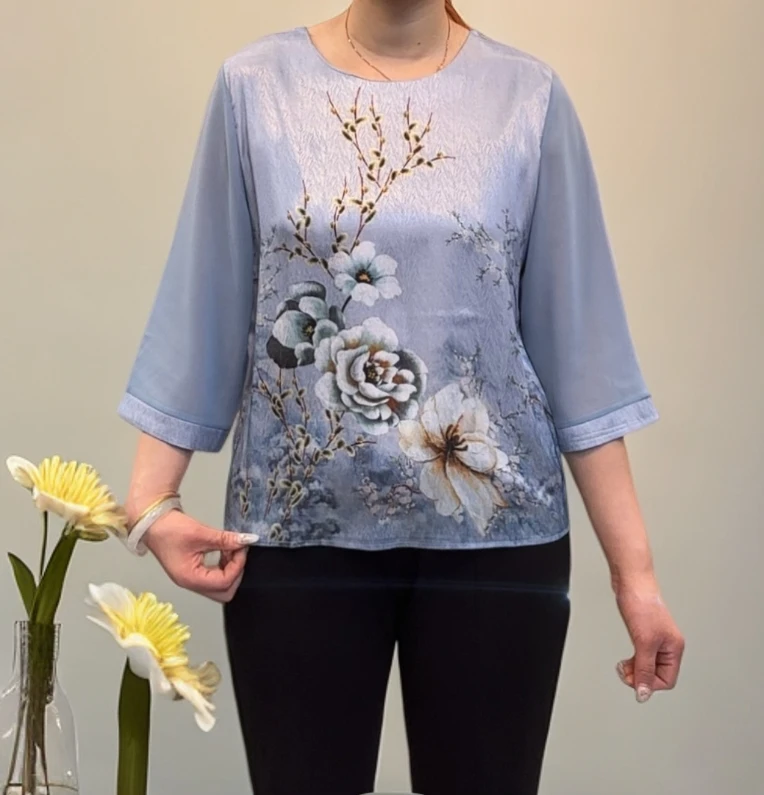 6187-妈妈装圆领夏季优雅百搭气质时尚短袖上衣