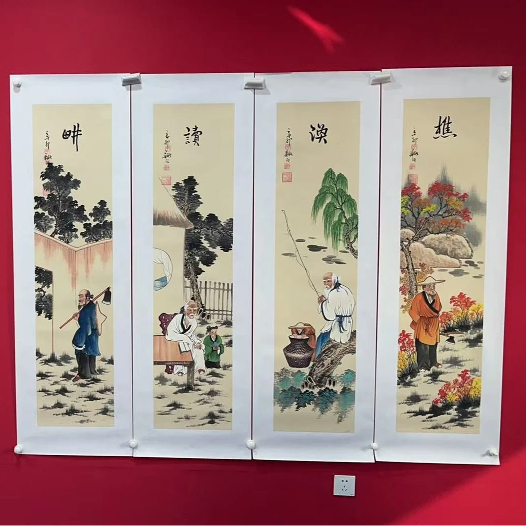 李新社手绘宣纸耕读渔樵四条屏-山水画