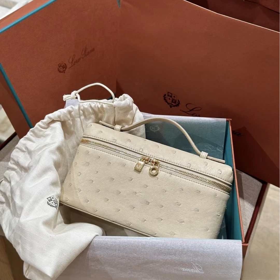 99新 Loro Piana/诺悠翩雅 蔚蓝/奶茶色 鸵鸟皮 LP 19  饭盒