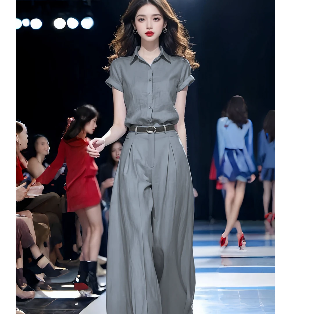 灰色显瘦轻奢高级感洋气薄款衬衫阔腿裤职业装气质两件套装上衣