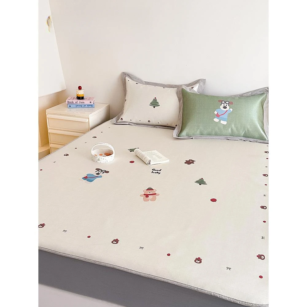 ins小清新夏季凉感冰丝凉席三件套可水洗折叠平席床笠款空调软席