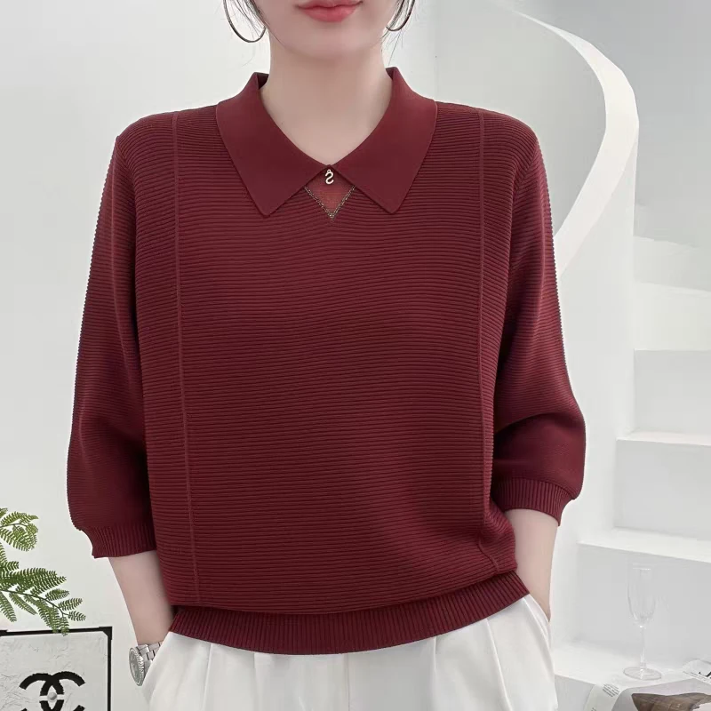 2025春秋新款七分袖冰丝翻领套头针织衫女时尚减龄中年妈妈装上衣