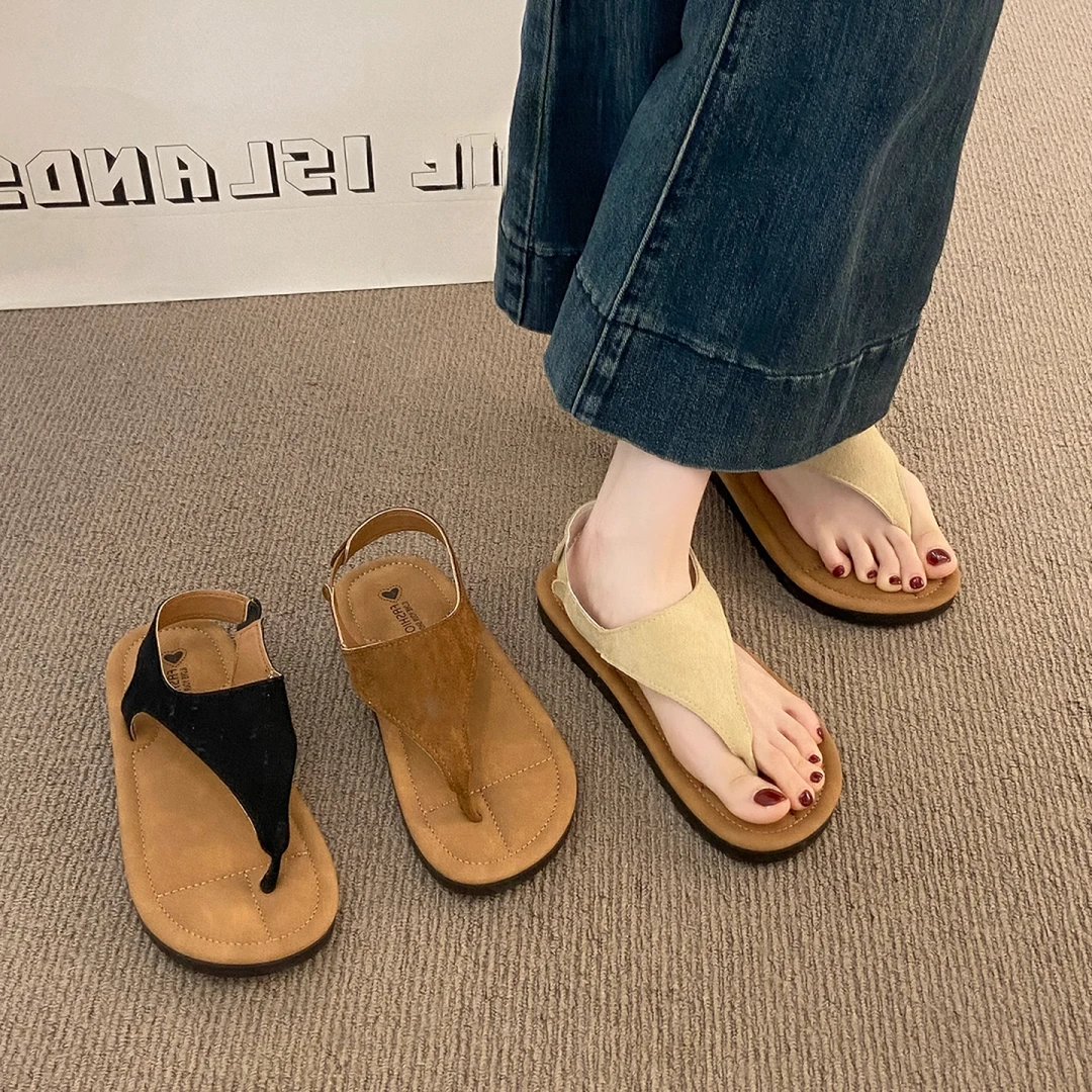 配裙子~复古人字夹脚趾凉鞋女夏季2025新款休闲度假罗马厚底凉拖