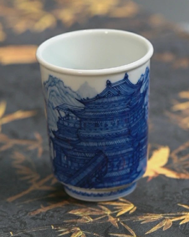 鸿玉堂青花亭台楼阁杯景德镇茶具家用饮茶主人杯中式