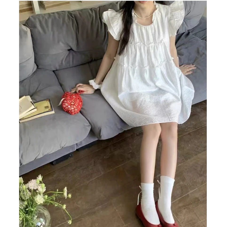 甜美风木耳边小飞袖减龄连衣裙L8295小个子夏季温柔泡泡袖裙子白