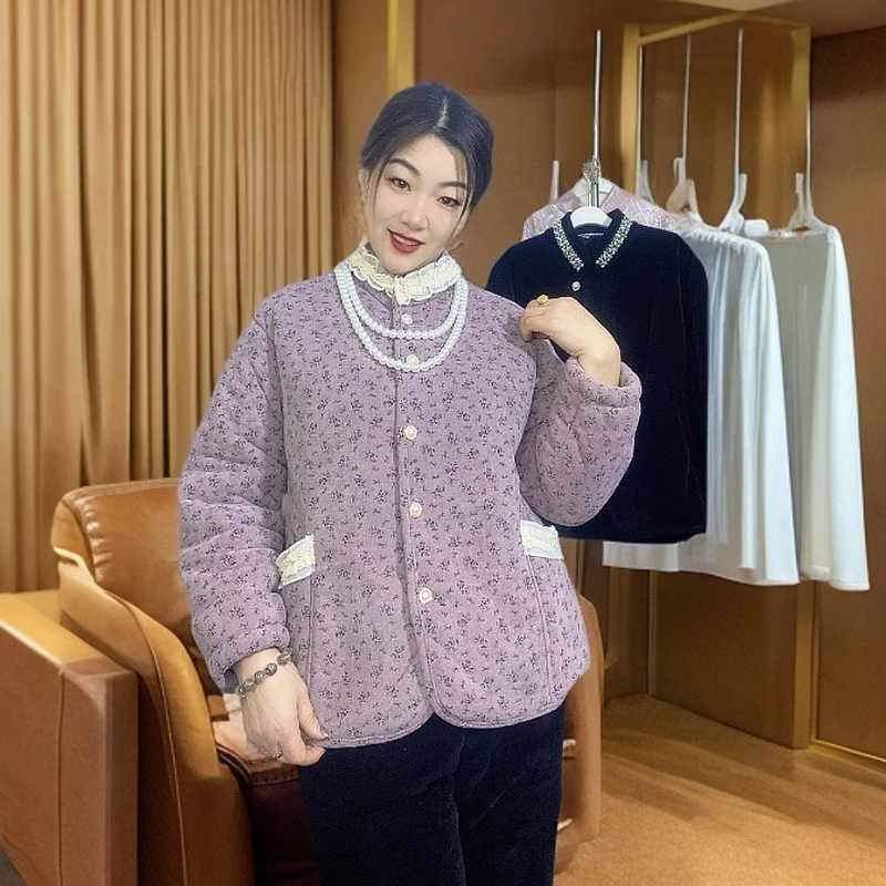 2025时尚经典气质休闲百搭加厚保暖立领碎花套装家居服可外穿7787