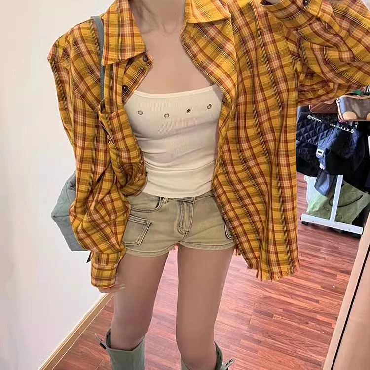 刺绣美式黄色格子衬衫女春季新款多巴胺衬衫外套宽松休闲