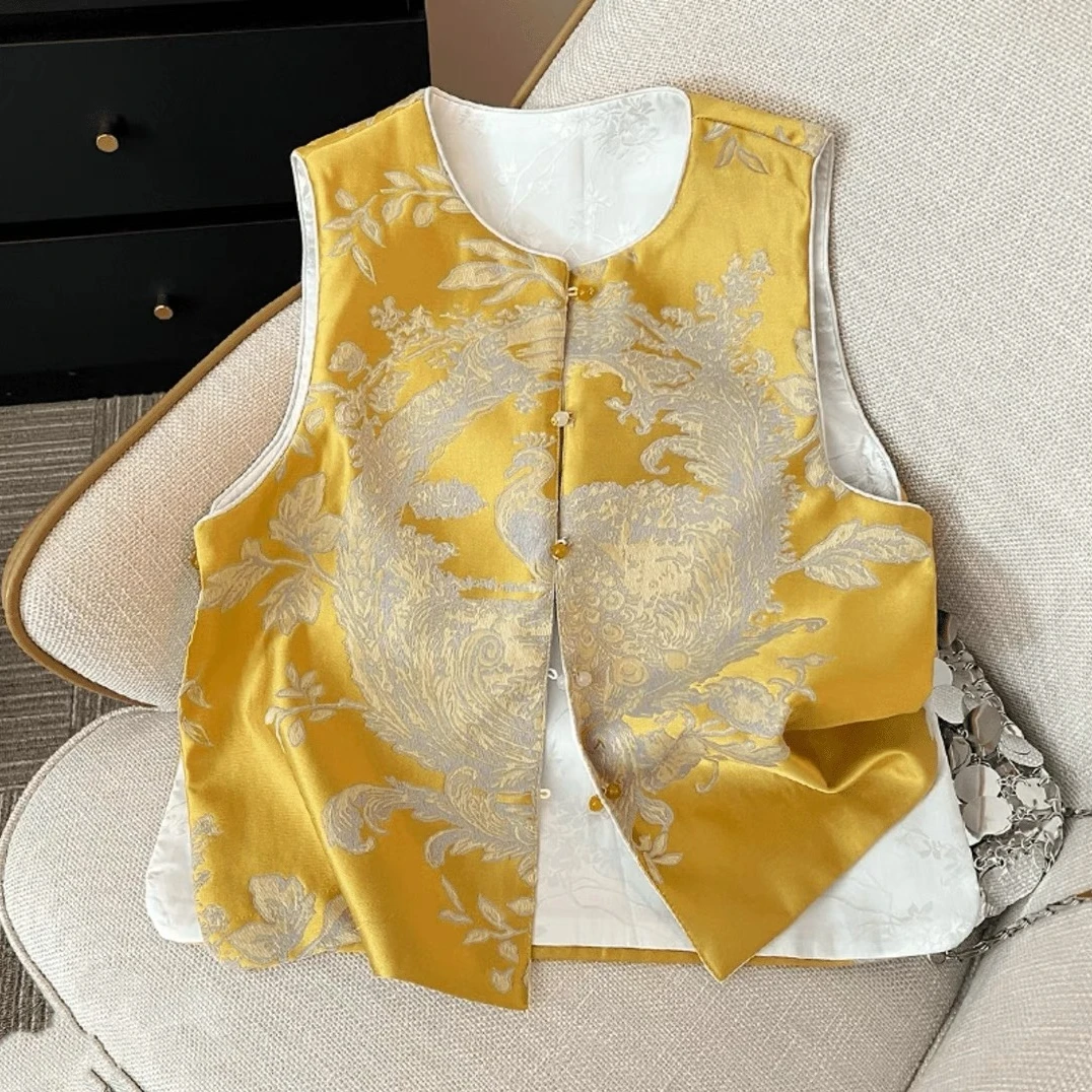 【双面穿】高定春季新中式薄款提花缎重工刺绣无袖坎肩国风马夹气质