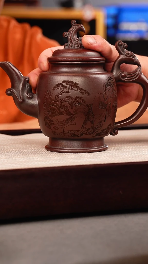 茶壶紫砂古乌泥 凤鸣 刻美女