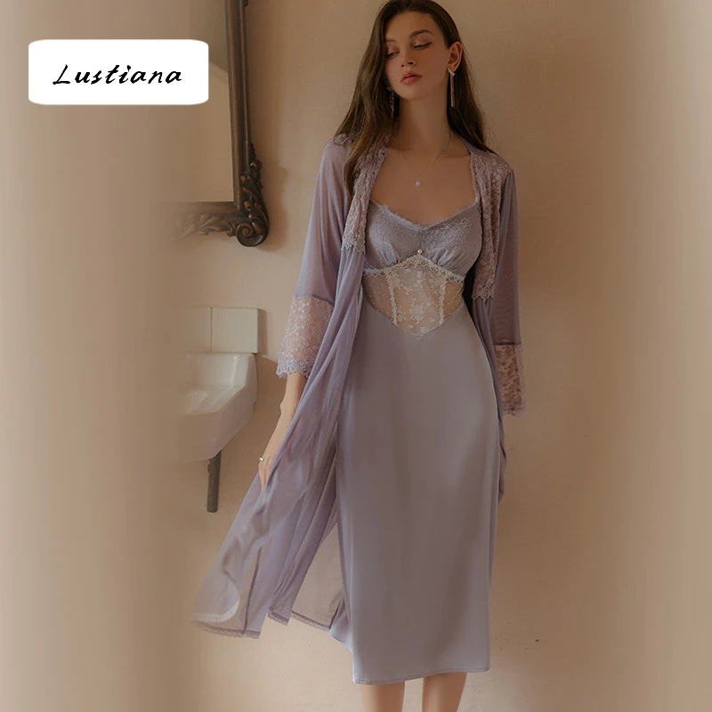 Lustiana夏季长款加胸垫聚拢冰丝睡衣网纱外袍女式家居服套装3576
