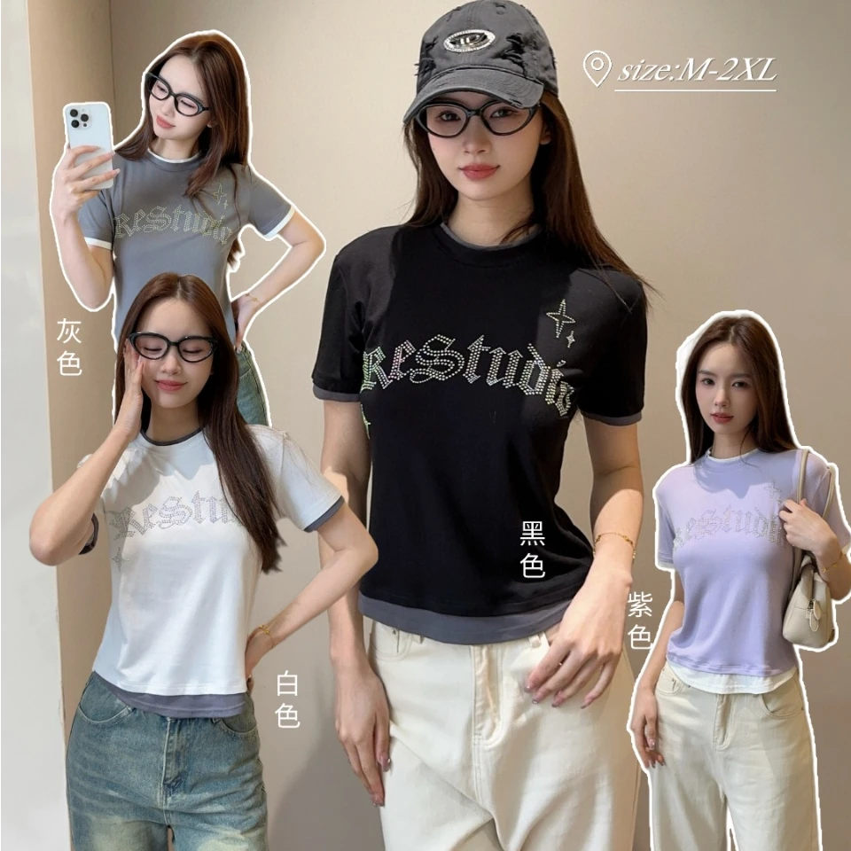 「炫彩烫钻--拼色潮T」春季新款！百搭圆领假两件撞色短袖！