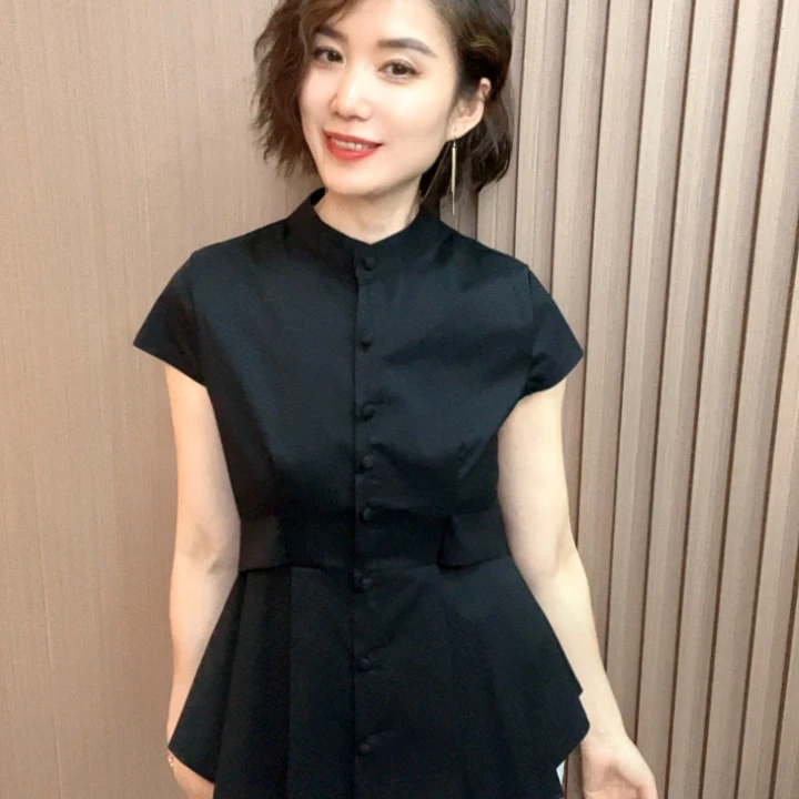 短袖包袖薄款夏季修身型衬衫修身上衣风显瘦气质衬衣洋气时尚黑色