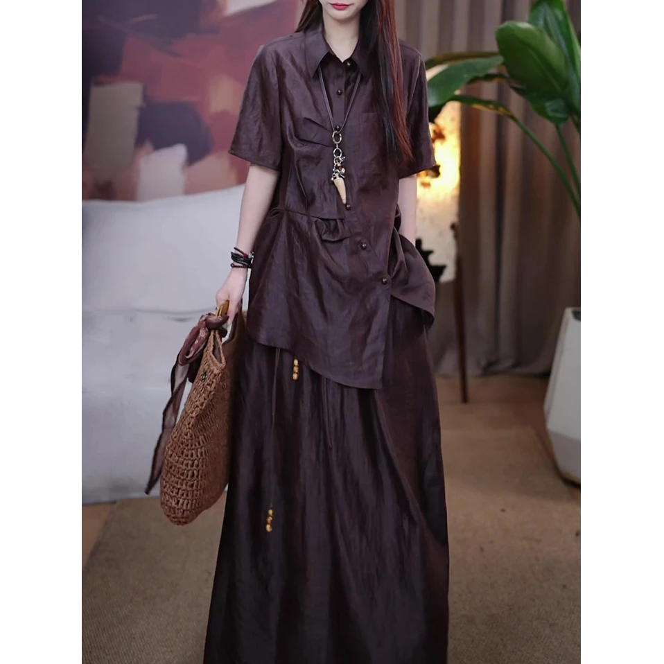 设计感时尚休闲套装女2025夏季新款新中式气质百搭衬衫+半身裙