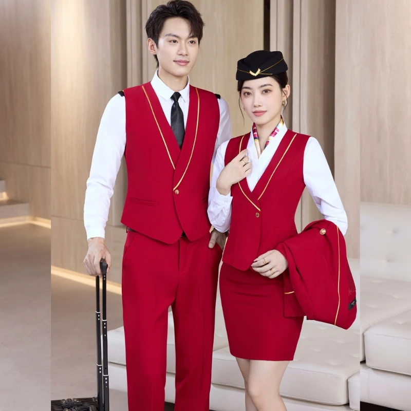 职业套装女空姐制服酒店前台工装红色马甲套装高铁乘务员工作服