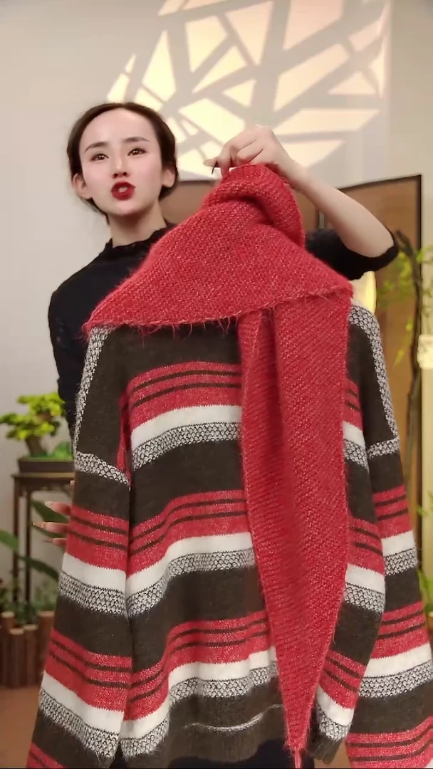 绵羊毛红咖色围巾两件套