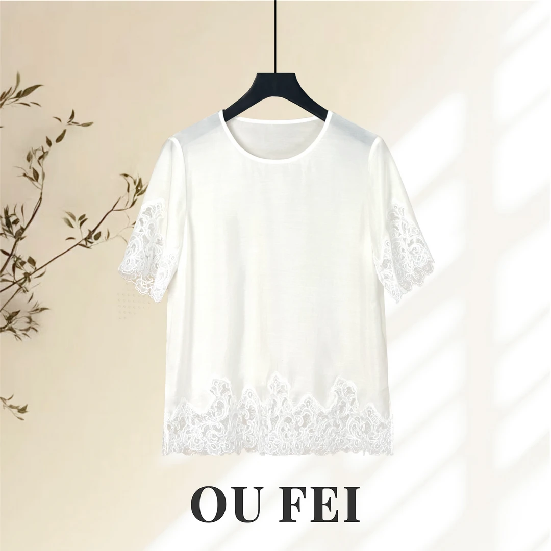 【晾夏】Ou夏季气质蕾丝镂空绣花显瘦休闲风百搭短袖8302