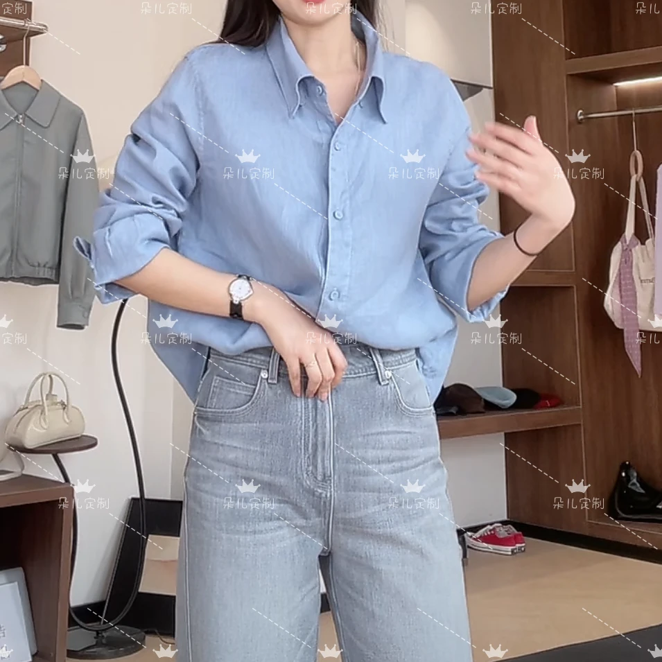 朵儿定制 设计感松弛百搭亚麻衬衫 纯色包扣衬衣IO04