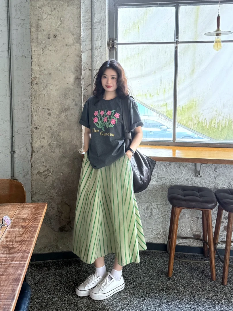 B569+B570夏印花短袖T恤宽松百搭小清新绿色条纹半身裙韩系套装