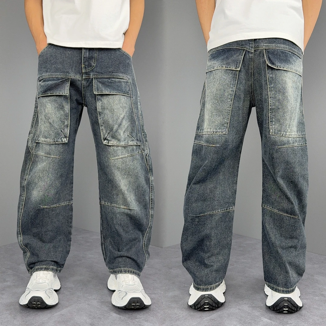 秋冬新款男牛仔裤宽松时尚百搭多口袋工装裤美式高街复古休闲长裤