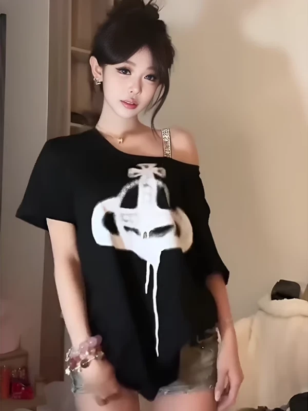美式复古超火街头辣妹斜肩短袖t恤女夏季设计感一字肩ins网红半袖