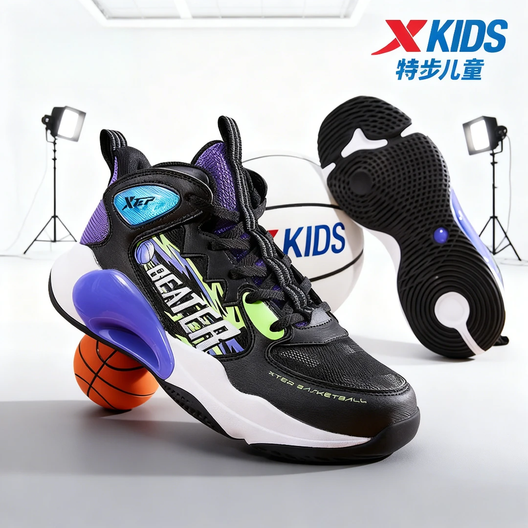 特步儿童冬季皮面篮球鞋大童防滑耐磨减震运动鞋676415129390