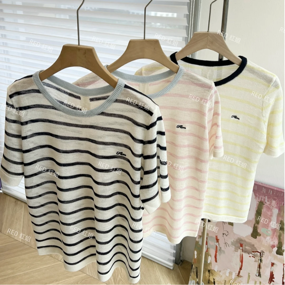 百搭条纹~超凉快~2025新款韩版细针织女士气质显瘦短袖T恤1800