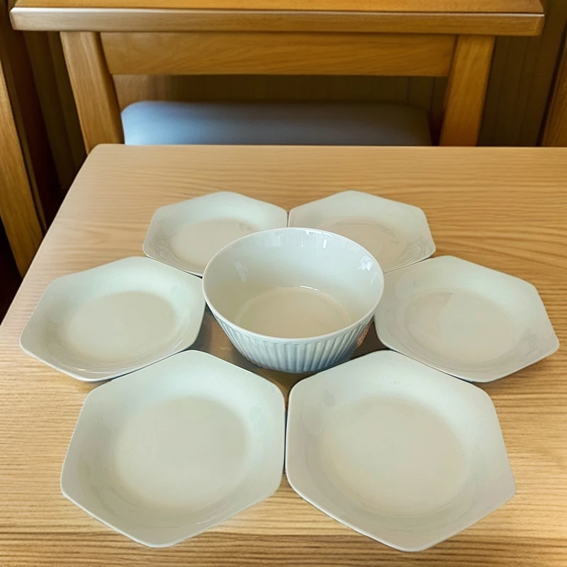 7件套奶油风家用陶瓷釉下彩六角盘汤碗陶瓷餐具套装