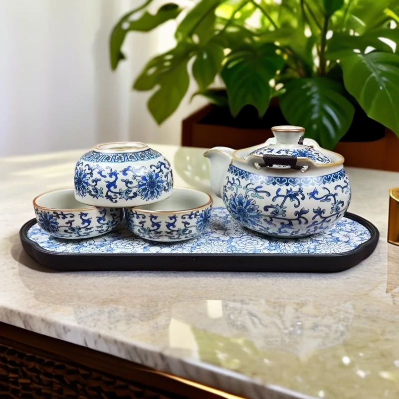 艺宏堂青花缠枝莲宝瓶手抓壶一壶三杯带茶盘旅行茶具