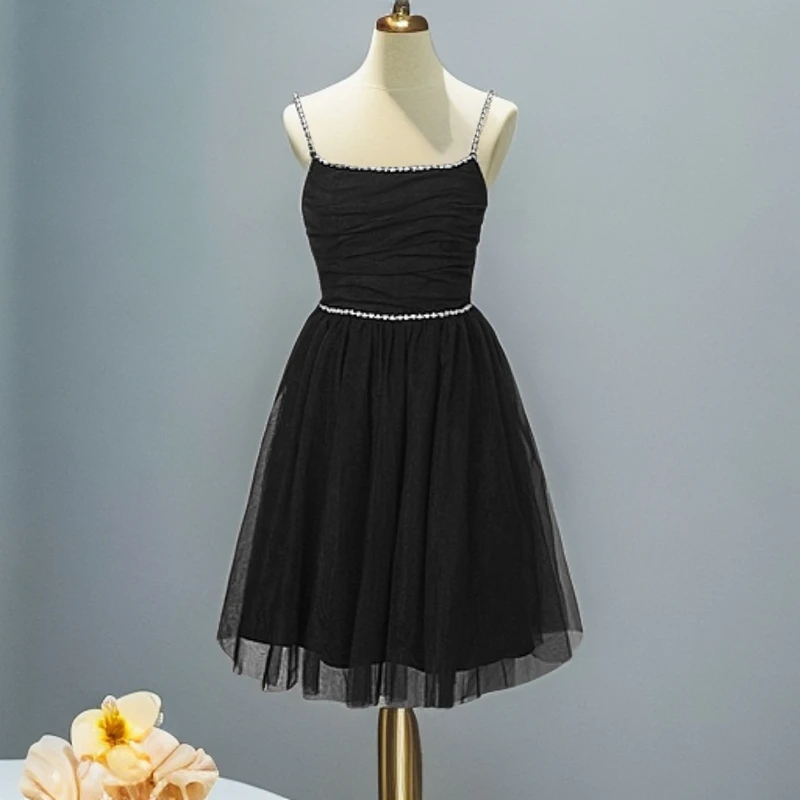 KAOLA重工钉珠吊带浪漫名媛风轻奢时尚黑色连衣裙裙子9533