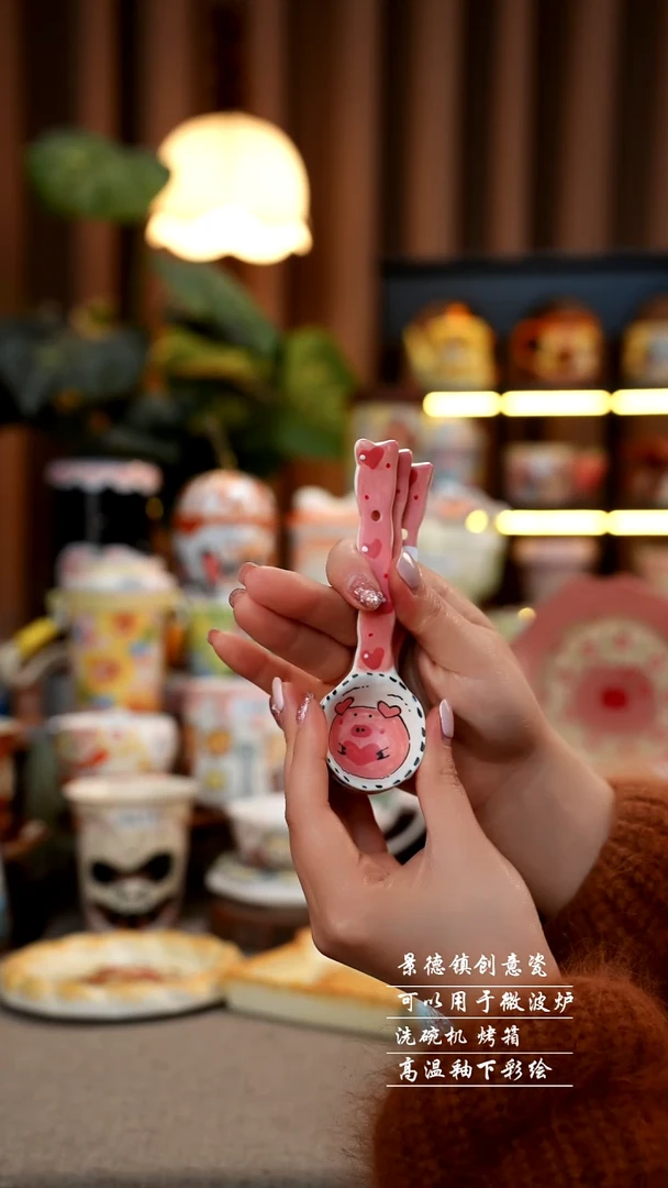粉色小猪吊勺景德镇手工手绘陶瓷409