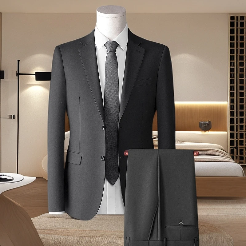 汤米羊毛黑色西服套装男士商务正装新郎结婚礼服修身职业高档西装
