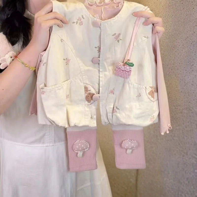 女童秋款套装2025新款女宝宝洋气马甲外套内搭打底衫休闲三件套潮