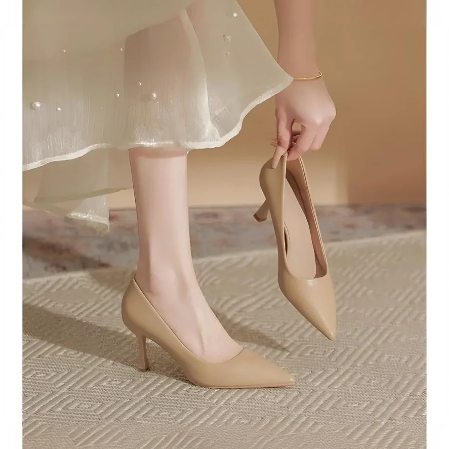法式裸色气质高跟鞋艺考裸色高跟鞋女细跟2025新款软皮不累礼仪单