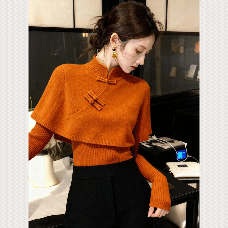 新中式橘色斗篷盘扣毛衣女冬季高级小众上衣轻熟气质巨好看针织衫