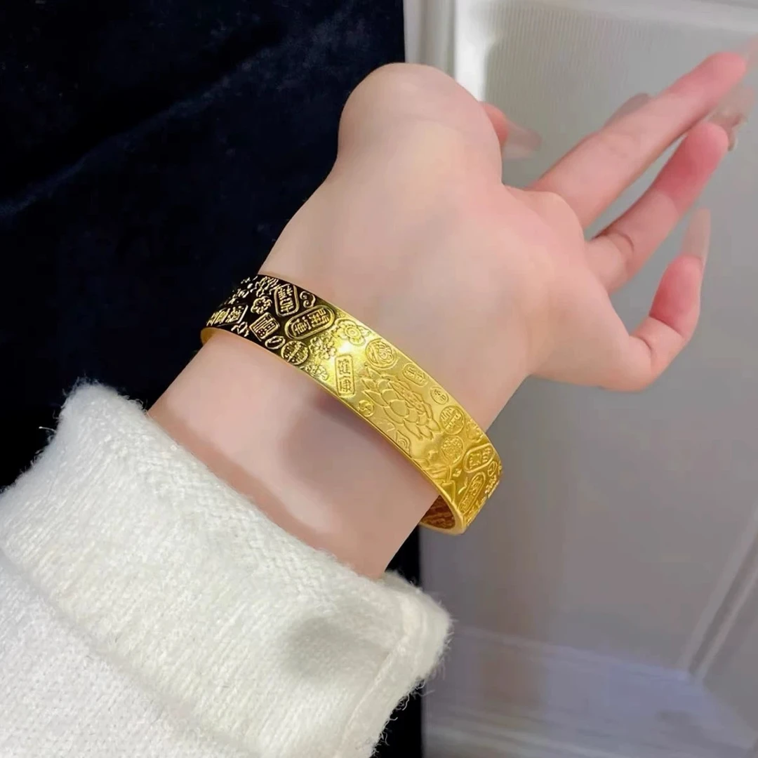 铜合金手镯 手工高定新中式国风大气大克重宽版吉言开口手镯