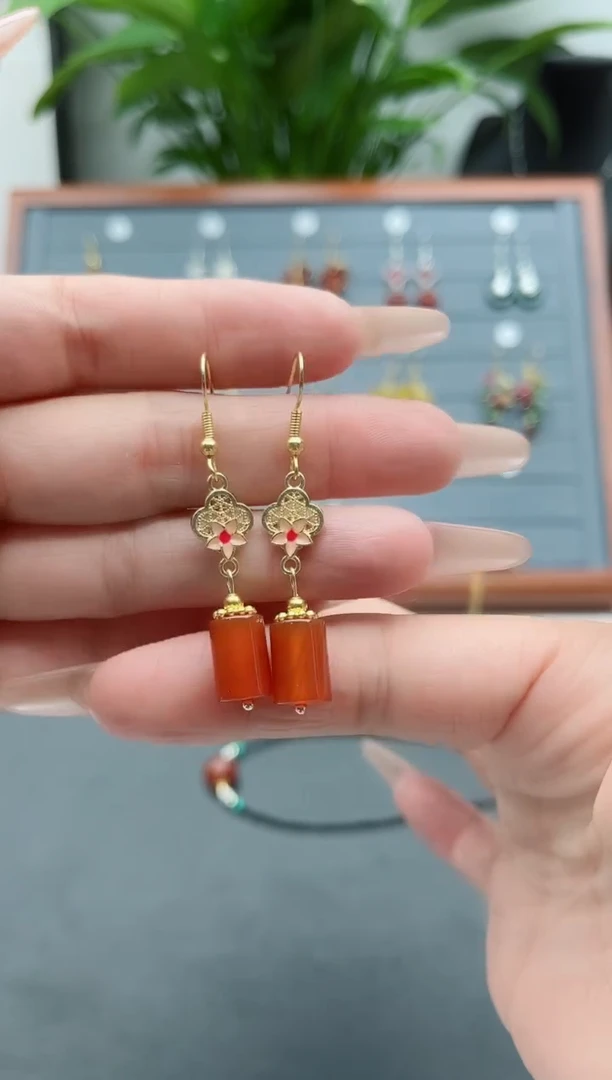 【闪购商品】南红玛瑙耳饰银S925镀金镶嵌039红