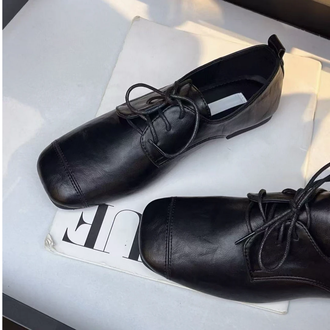 英伦风软底一脚蹬法式系带方头乐福鞋