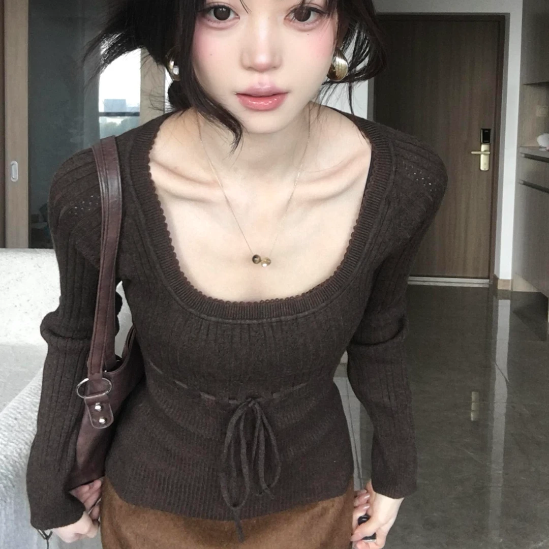 挂脖保暖修身常规款纯色不规则冬季抽绳毛针织衫针织显瘦设计感