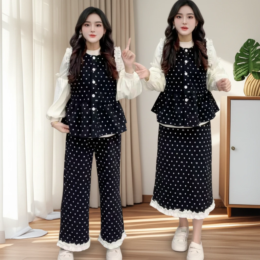 2025【三件套】韩系波点毛呢马甲+灯笼袖上衣+裤子0176*裙子1176*