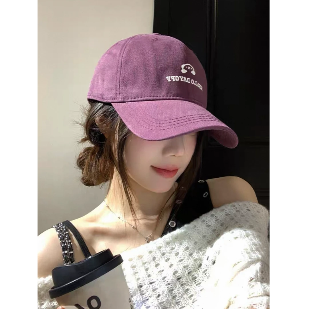 紫色刺绣棒球帽女宽帽檐大脸显脸小软顶鸭舌帽韩版百搭大头围帽子
