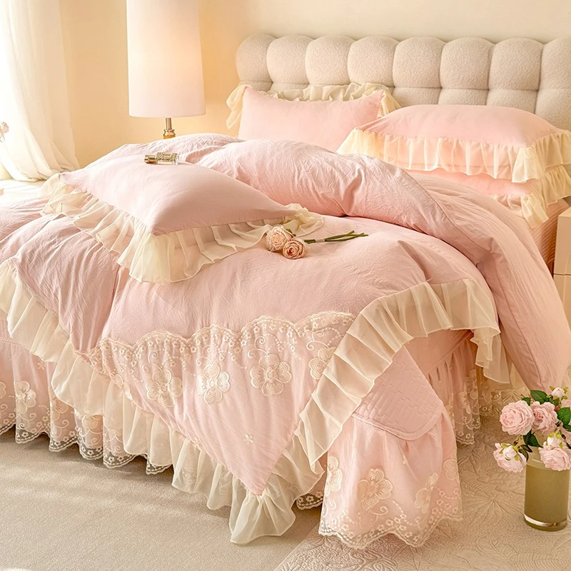 新款公主风床盖式四件套韩式春夏季节少女心蕾丝被套床单床盖迪