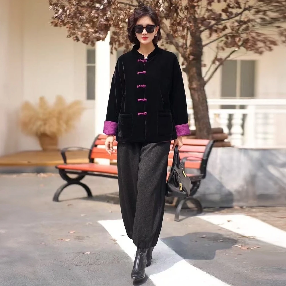 335新中式黑色夹棉丝绒外套秋冬服大码高级感覆古国风上衣唐装